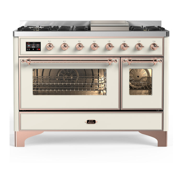 ILVE Majestic III 48" Dual Fuel, Range, Antique White, Burnished Trim UM48FNR3AWB