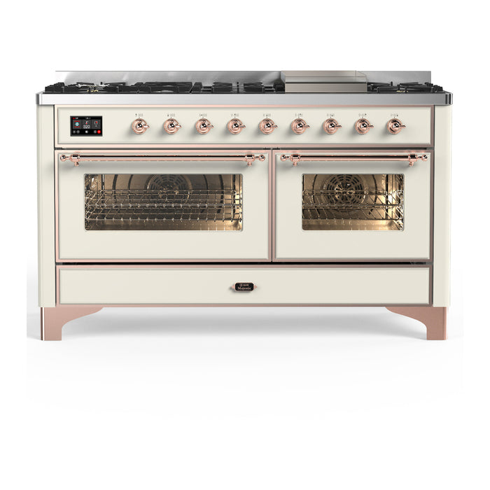 ILVE Majestic III 60" Dual Fuel Range, Antique White, Burnished Trim UM60FNR3AWB