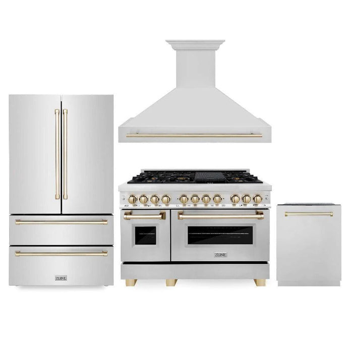 ZLINE Autograph Edition 48"Kitchen Package, Stainless Steel Dual Fuel Range, Range Hood, Dishwasher and Refrigeration, 4KAPR-RARHDWM48-G