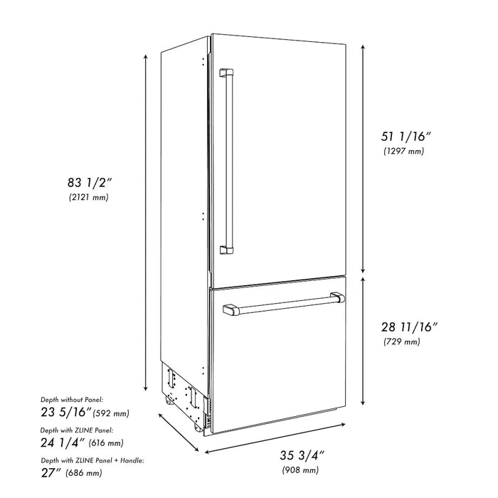 ZLINE Autograph Edition 36" Built-In Bottom Freezer Refrigerator, Water Dispenser, Ice Maker, Stainless Steel, Graphite Gray Interior,Helix Handles GRBITZ-30436KCB