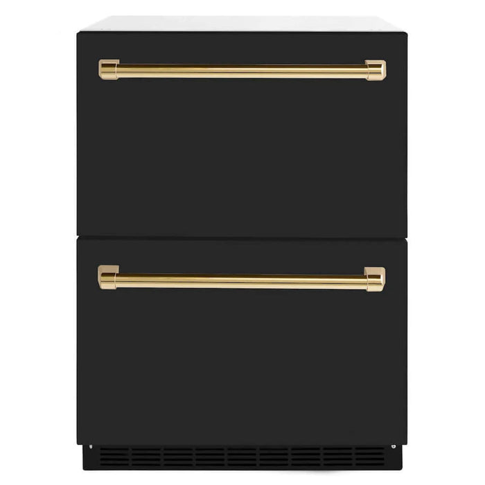 ZLINE Autograph Edition 24" Touchstone 168 Can Outdoor-Rated Dual Refrigerator Drawer, Black Matte Door, Accents  RDSOZ-BLM-24-CB