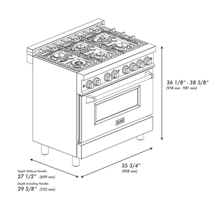 ZLINE 36" Autograph, Dual Fuel Range, Black Door, Gold, RASZ-BLM-36-G