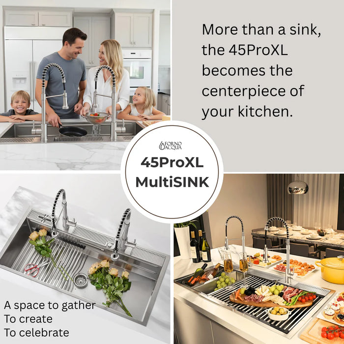 FORNO ACQUA 45" Drop-In/Undermount 3-Level Workstation Sink, Two Faucets Glass Rinser J-WP31