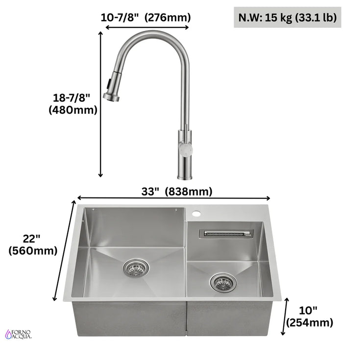 FORNO ACQUA 33" Drop-In/Undermount Stainless Steel Sink Retractable Faucet Waterfall H-ZN30