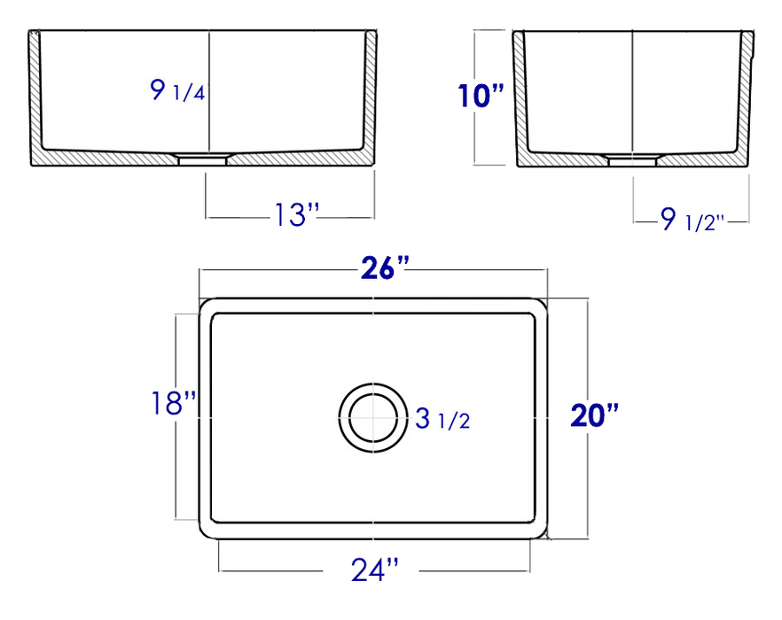 ALFI brand 26" Contemporary Smooth Fireclay Farmhouse Kitchen Sink AB505-W