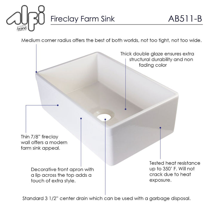 ALFI brand 30" Farm Sink, Lip Single Bowl Design for Kitchen AB511-W