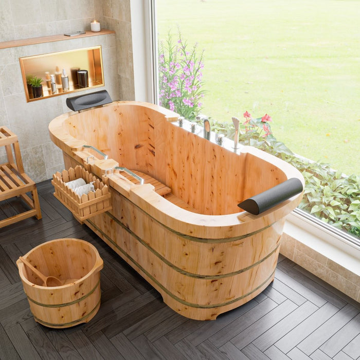 ALFI brand 65" 2 Person Free Standing Cedar Wooden Bathtub, Fixtures, Headrests AB1130