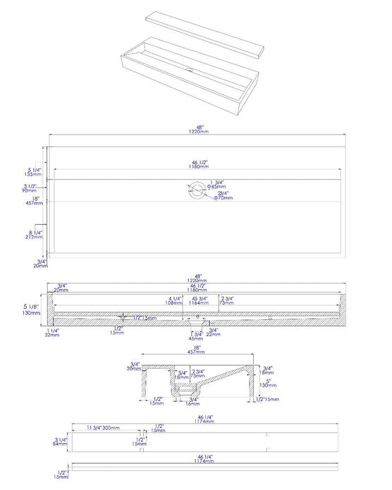 ALFI brand 48" Solid Concrete Gray Matte Trough Sink for the Bathroom ABCO48TR