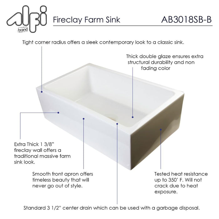 ALFI brand 30" Smooth Solid Thick Wall Fireclay One Bowl Farm Sink AB3018SB