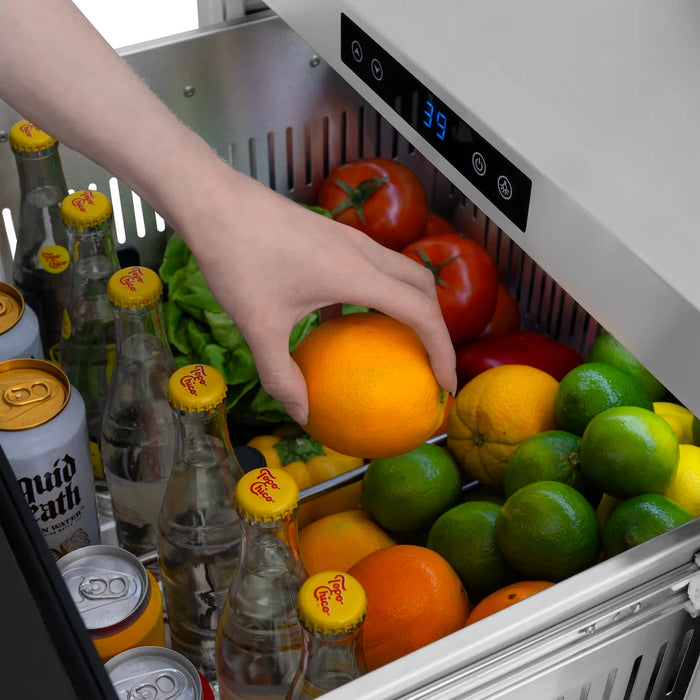 ZLINE Autograph Edition 24" Touchstone 168 Can Outdoor-Rated Dual Refrigerator Drawer, Black Stainless Steel Doors, Helix Handles RDSOZ-BS-24-KCB