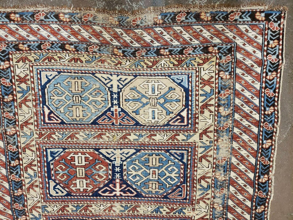 3' 4" X 4' 11" Antique Handmade Shirvan Kazak Caucasian Wool Rug Colorful