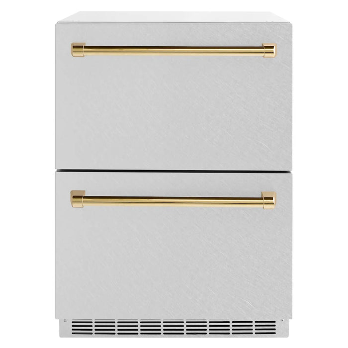 ZLINE Autograph Edition 24" Touchstone 168 Can Outdoor-Rated Dual Refrigerator Drawer, Satin Stainless Steel Door, Accents  RDSOZ-SN-24-CB