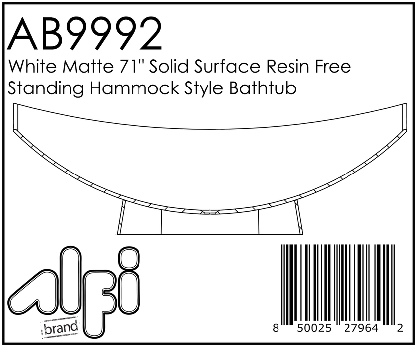 ALFI brand White Matte 71" Solid Surface Resin Free Standing Hammock Style Bathtub AB9992