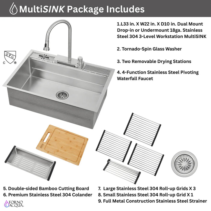 Forno ACQUA 33" Drop-In/Undermount MultiSINK Workstation Sink, Waterfall Faucet, Glass Rinser E-XP31 - View 14