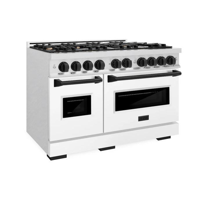 ZLINE 48" Classic Double Oven Dual Fuel Range, 8 Burner Gas Cooktop, Stainless Steel, White Matte Doors, Accents CDRZ-WM-48-CB