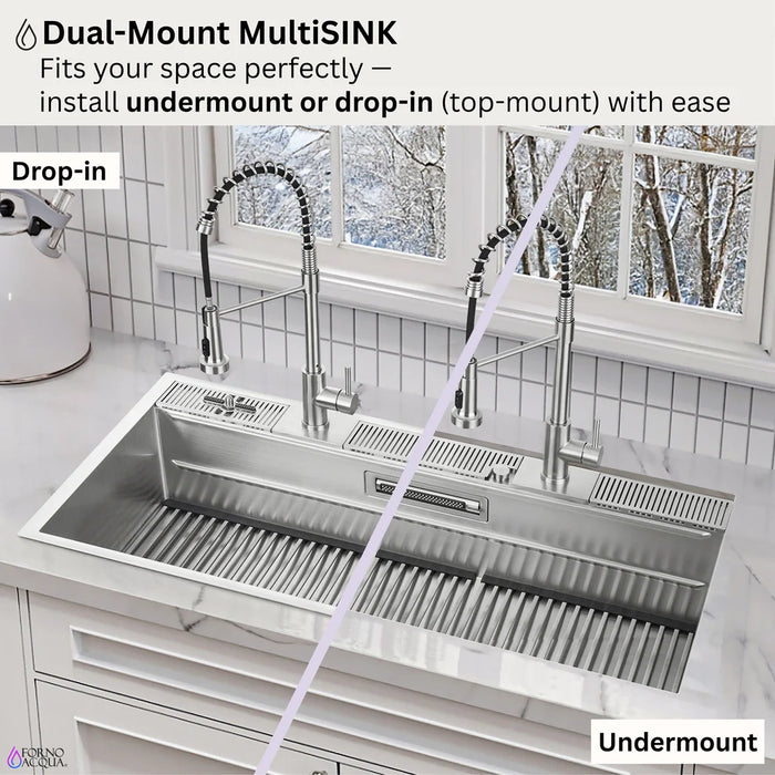 FORNO ACQUA 45" Drop-In/Undermount 3-Level Workstation Sink, Two Faucets Glass Rinser J-WP30