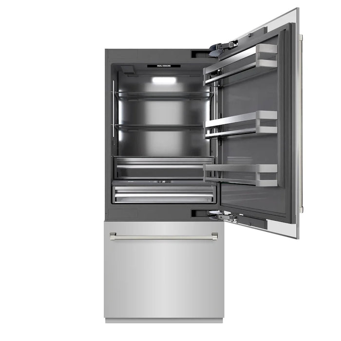 ZLINE Autograph Edition 36" Built-In Bottom Freezer Refrigerator, Water Dispenser, Ice Maker, Stainless Steel, Graphite Gray Interior,Helix Handles GRBITZ-30436KCB