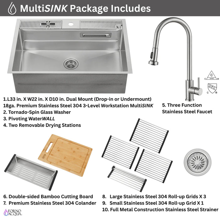 Forno ACQUA 33". Drop-In/Undermount 3-Level Workstation Sink with Faucet D-WP30 - View 15