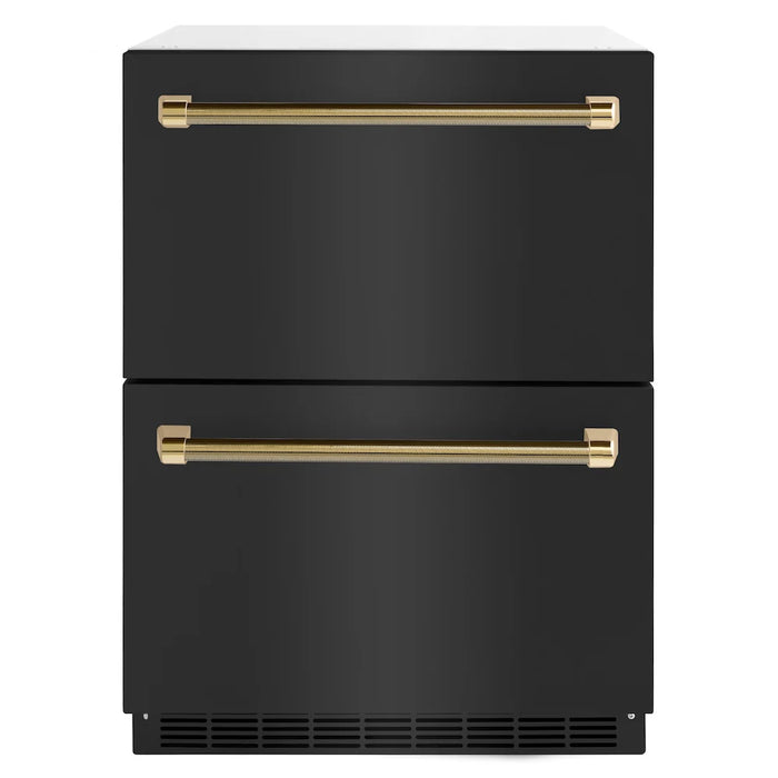 ZLINE Autograph Edition 24" Touchstone 168 Can Outdoor-Rated Dual Refrigerator Drawer, Black Stainless Steel Doors, Helix Handles RDSOZ-BS-24-KCB
