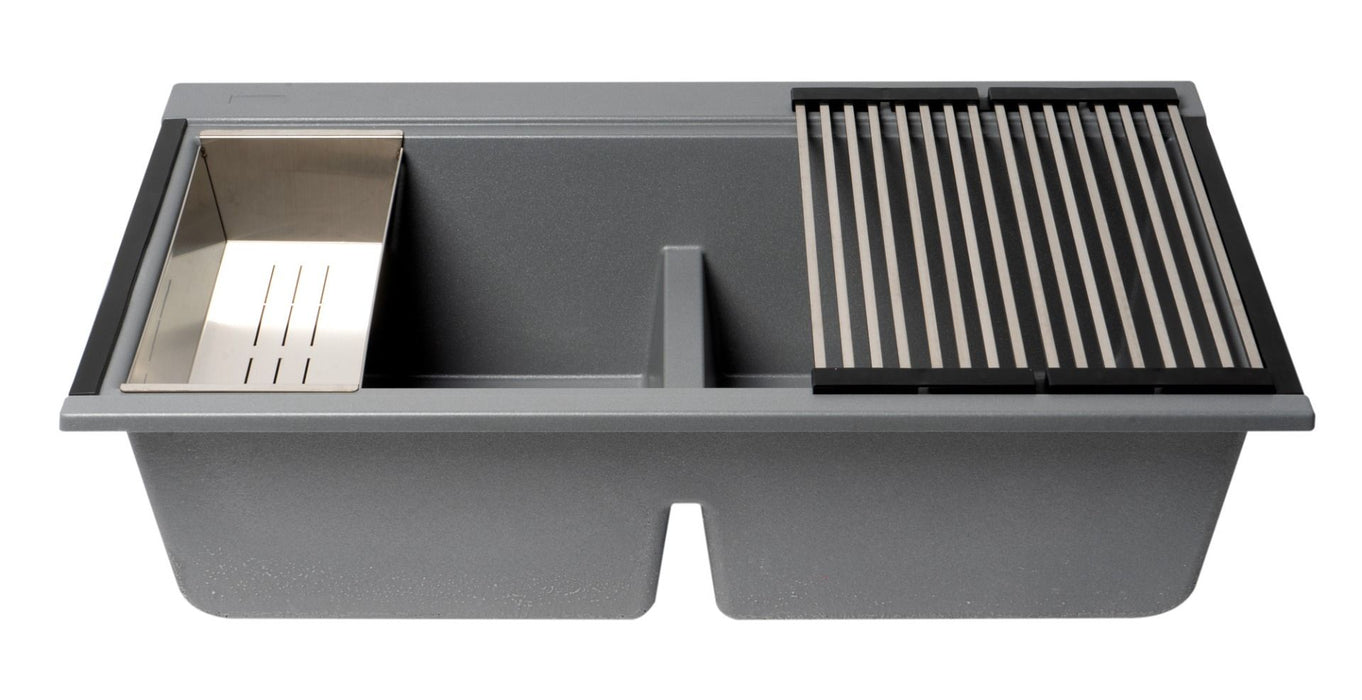 ALFI brand 33" Workstation Step Rim Double Bowl Sink, Accessories AB3418DBUM
