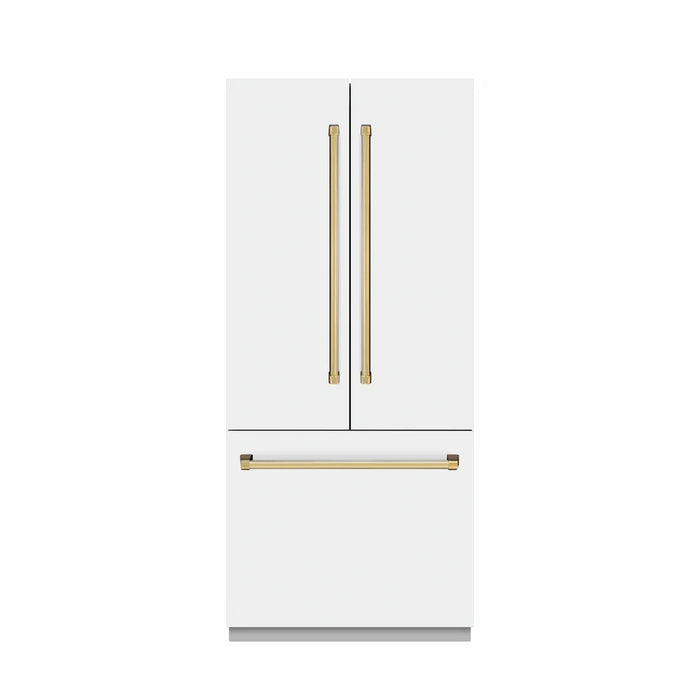ZLINE 36" French Door Built-In Bottom Freezer Refrigerator, Water Dispenser, Ice Maker, White Matte, Stainless Steel, Accents SRBIVZ-WM-36-CB