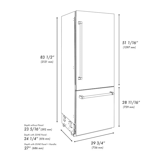 ZLINE 30" Wide Built-In Bottom-Freezer Refrigerator, Ice Maker GRBIVL-BS30-KST