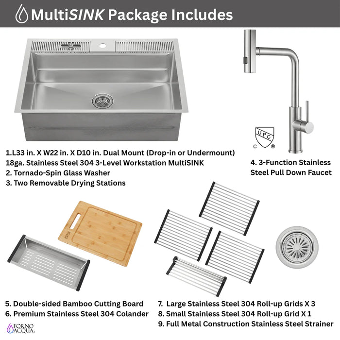 Forno ACQUA 33" Drop-In/Undermount 3-Level Workstation Sink, Waterfall Faucet, Glass Rinser D-XP30 - View 15
