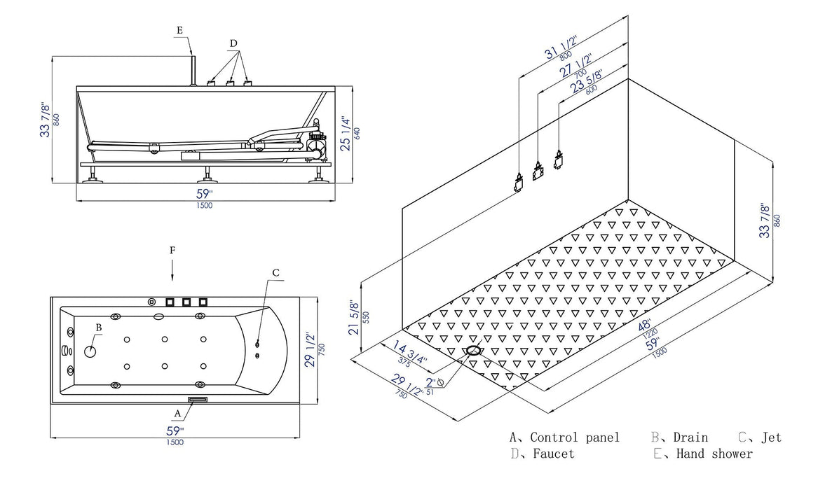 EAGO 5 ft Acrylic White Rectangular Whirlpool Bathtub, Fixtures AM154ETL-L5
