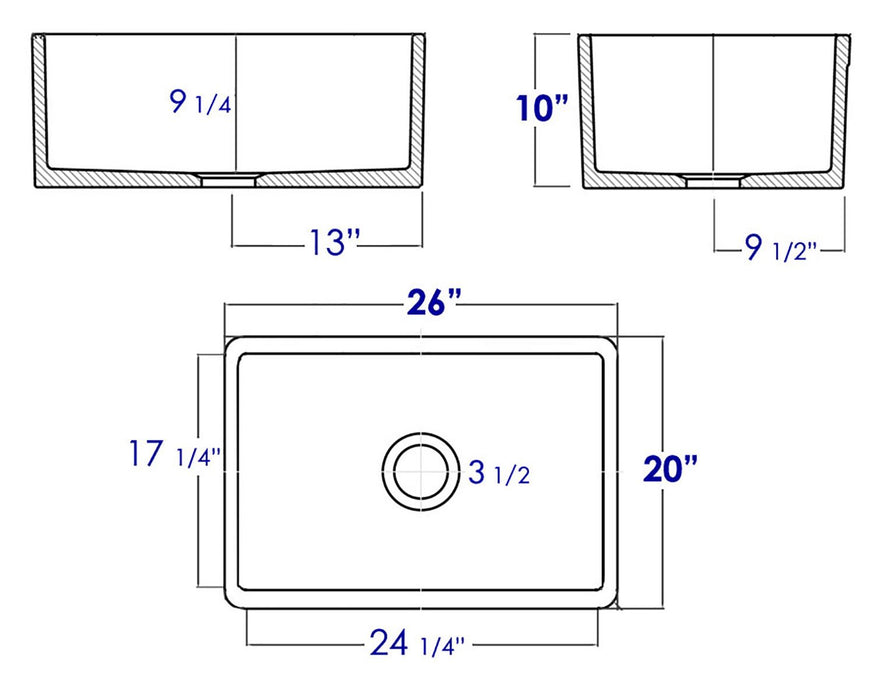 ALFI brand 26" Decorative Lip Single Bowl Fireclay Farmhouse Kitchen AB506-W