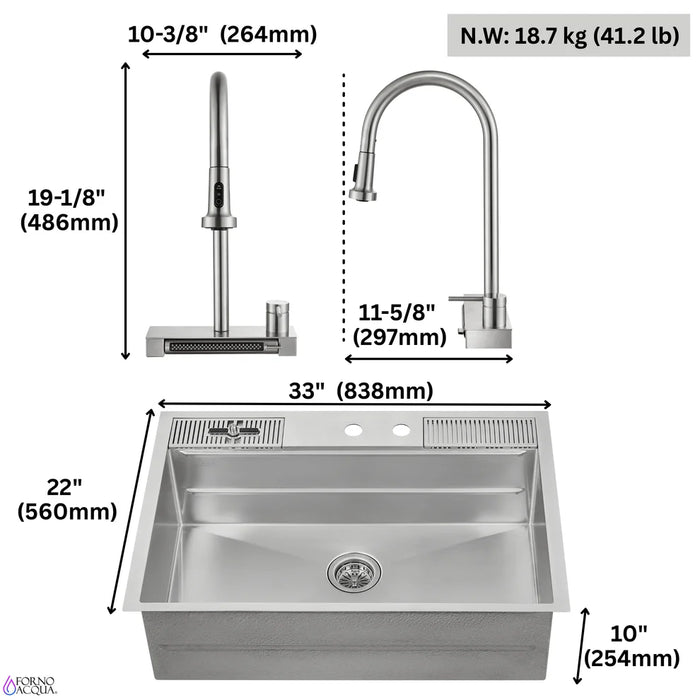 Forno ACQUA 33" Drop-In/Undermount MultiSINK Workstation Sink, Waterfall Faucet, Glass Rinser E-XP31 - View 15