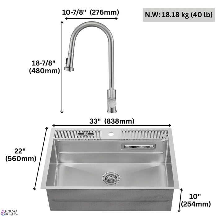 Forno ACQUA 33". Drop-In/Undermount 3-Level Workstation Sink with Faucet D-WP30 - View 16