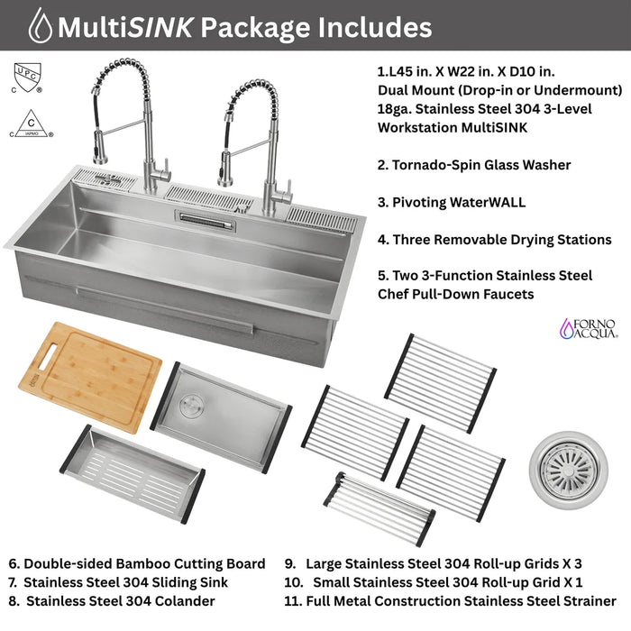 FORNO ACQUA 45" Drop-In/Undermount 3-Level Workstation Sink, Two Faucets Glass Rinser J-WP31