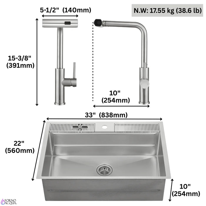 Forno ACQUA 33" Drop-In/Undermount 3-Level Workstation Sink, Waterfall Faucet, Glass Rinser D-XP30 - View 16