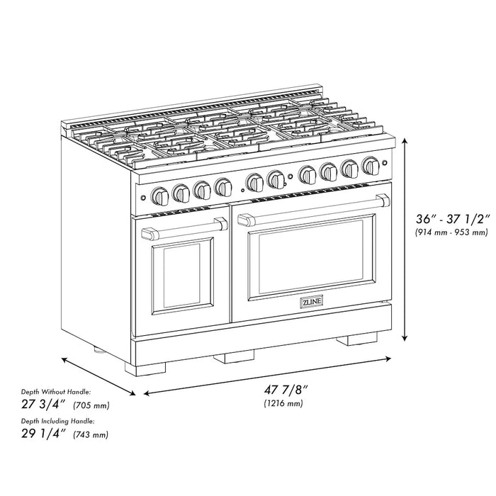ZLINE Autograph Edition 48" Paramount Dual Fuel Range, 6 Burner Gas Cooktop, Electric Convection Oven, Stainless Steel, Helix Handle and Knob SDRZ-48-KCB