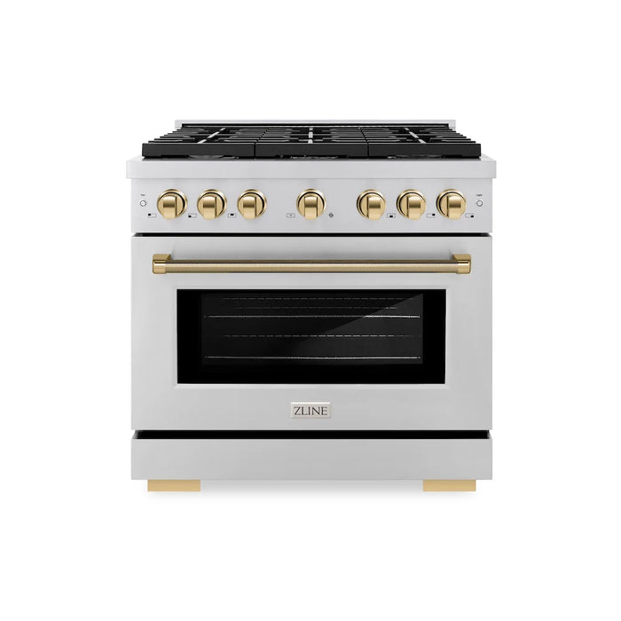 ZLINE Autograph Edition 36" Paramount Dual Fuel Range, 6 Burner Gas Cooktop, Electric Convection Oven, Stainless Steel, Helix Handle and Knob SDRZ-36-KCB