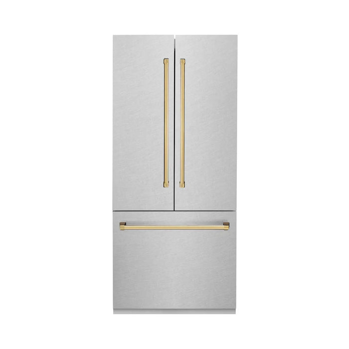 ZLINE Autograph Edition 36" French Door Built-In Bottom Freezer Refrigerator, Water Dispenser, Ice Maker, Satin Stainless Steel, Accents RBIVZ-SN-36-CB