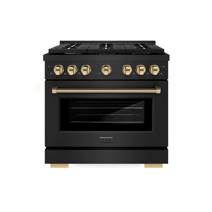 ZLINE Autograph Edition 36" Paramount Dual Fuel Range, 6 Burner Gas Cooktop, Electric Convection Oven, Black Stainless Steel, Helix Handle and Knob SDRBZ-36-KCB