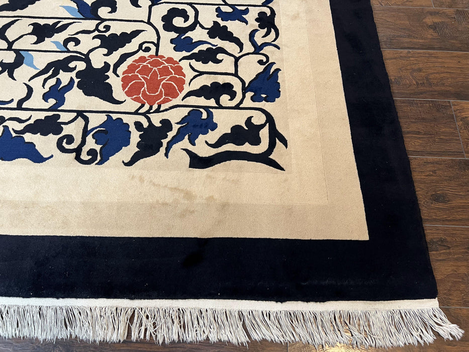 10x14 Chinese Peking Rug, Allover Pattern, Beige Black Blue Red, Handmade Hand Knotted Vintage 1940s Antique Living Room Chinese Carpet Nice