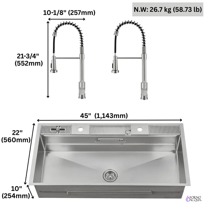 FORNO ACQUA 45" Drop-In/Undermount 3-Level Workstation Sink, Two Faucets Glass Rinser J-WP31