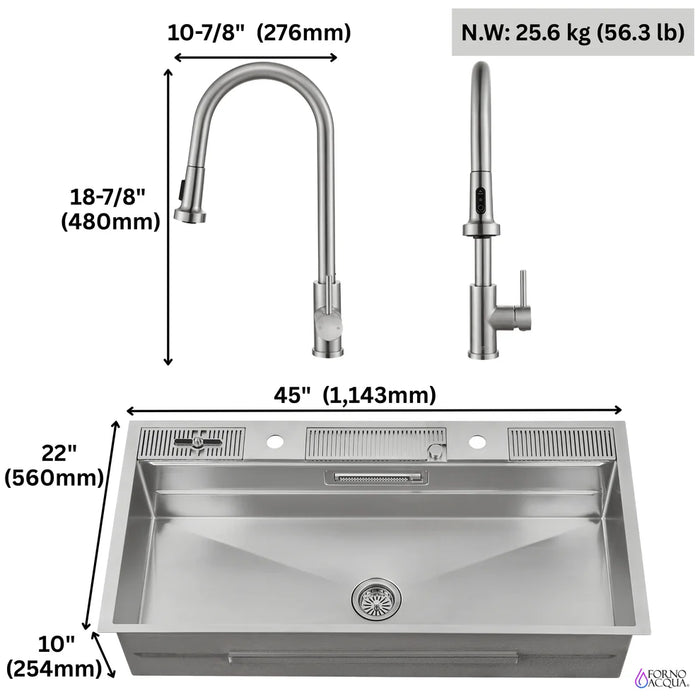 FORNO ACQUA 45" Drop-In/Undermount 3-Level Workstation Sink, Two Faucets Glass Rinser J-WP30