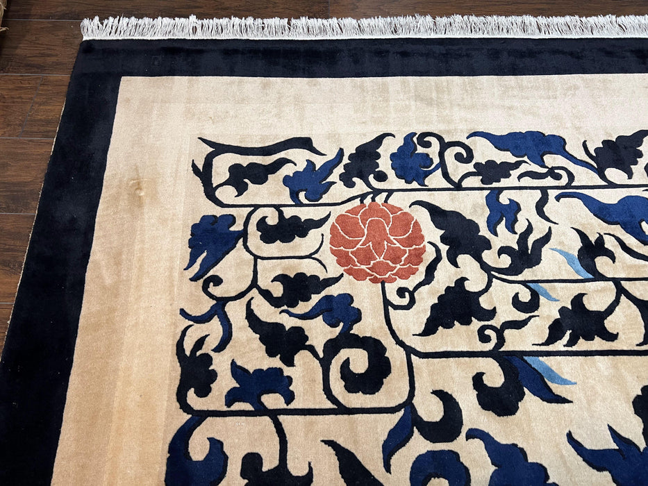 10x14 Chinese Peking Rug, Allover Pattern, Beige Black Blue Red, Handmade Hand Knotted Vintage 1940s Antique Living Room Chinese Carpet Nice