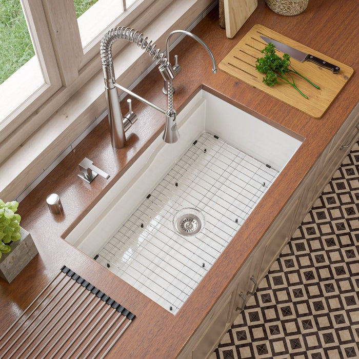 ALFI brand White 32" Workstation Step Rim Single Bowl Fireclay Undermount / Drop In Kitchen Sink ABFS3219SUD-W