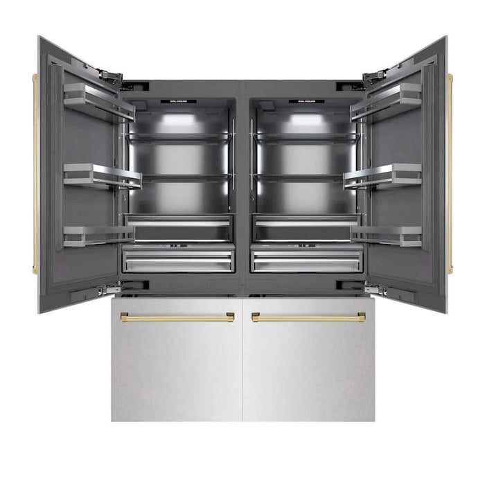 ZLINE 60" Built-In Bottom Freezer Refrigerator with Water Dispenser, Ice Maker, DuraSnow® Stainless Steel, Graphite Gray Interior, Polished Gold GRBIVZ-SN-60-G