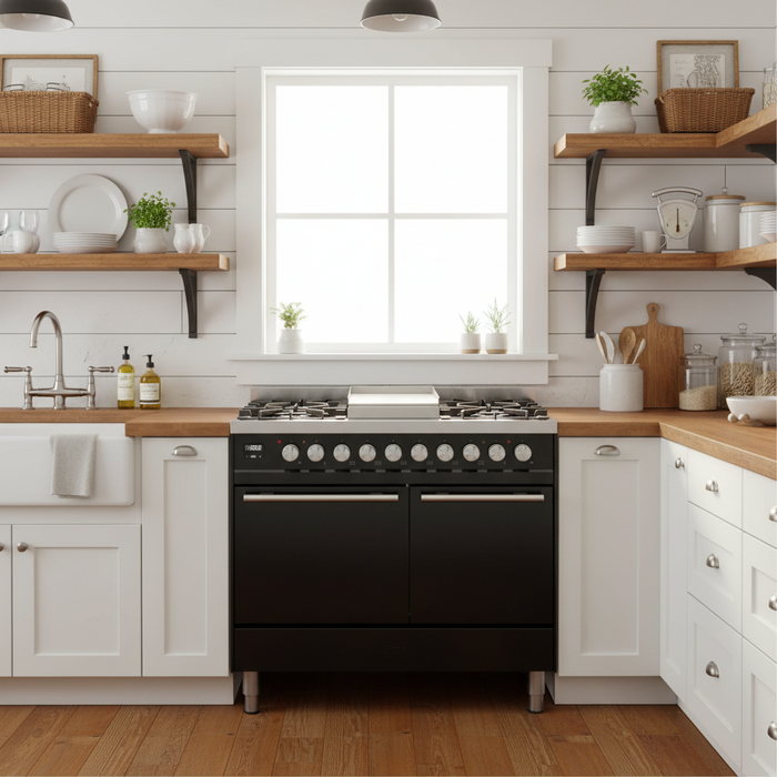 ILVE 40"Professional Plus Dual Fuel Range, Glossy Black UPD40FQMPBK