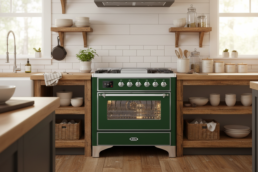 ILVE 36" Majestic II Dual Fuel Range Emerald Green Chrome Trim UM09FDNS3EGC