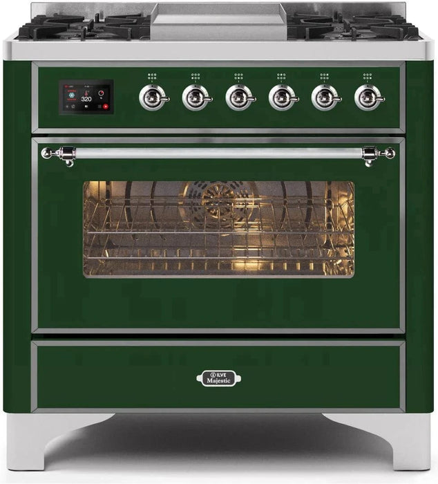 ILVE 36" Majestic II Liquid Propane Dual Fuel Range Emerald Green Chrome Trim UM09FDNS3EGCLP