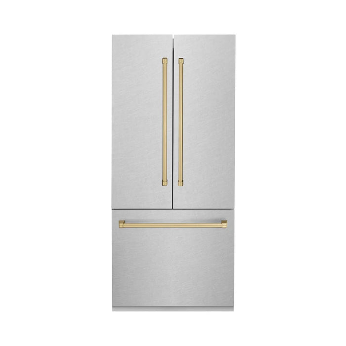 ZLINE Autograph Edition 36" French Door Built-In Bottom Freezer Refrigerator, Water Dispenser, Ice Maker, Satin Stainless Steel, Accents RBIVZ-SN-36-CB