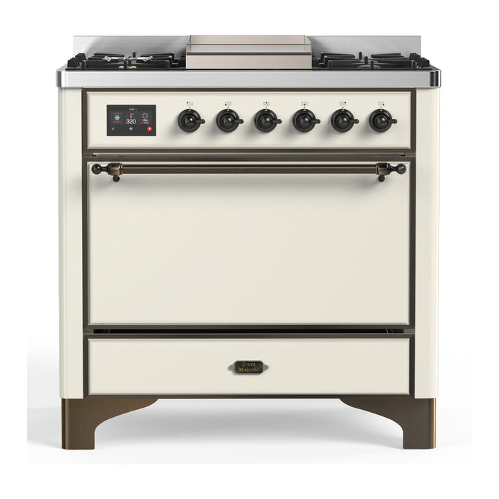 ILVE Majestic III 36" Dual Fuel, Range, Antique White, Burnished Trim UM36FQNR3AWB