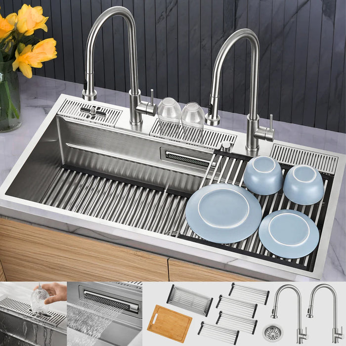 FORNO ACQUA 45" Drop-In/Undermount 3-Level Workstation Sink, Two Faucets Glass Rinser J-WP30