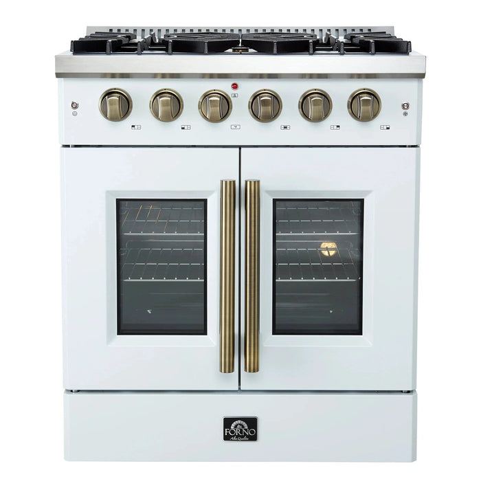 Forno Galiano 30" French Door Gas on Gas Range White Antique Brass Trim FFSGS6444-30WHT